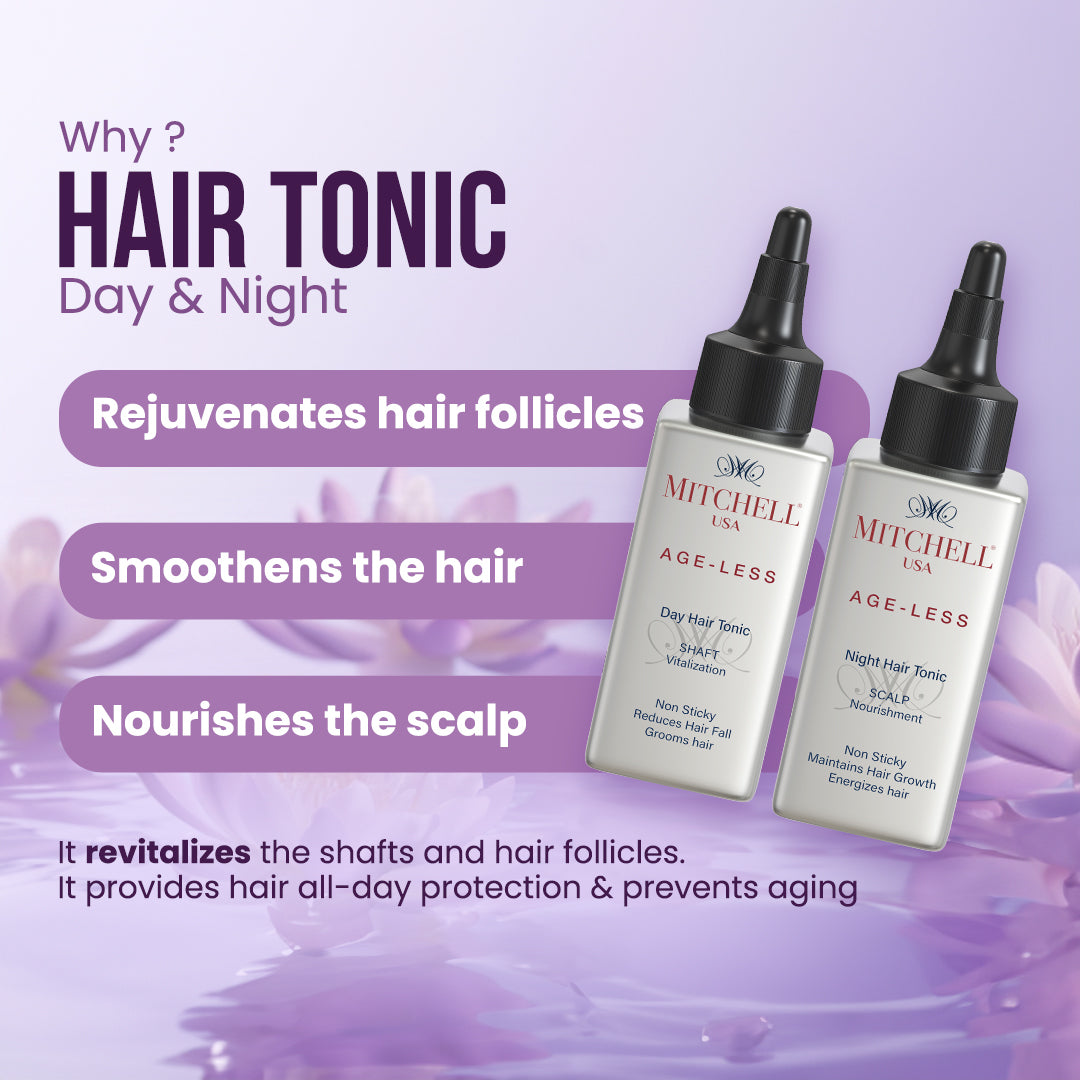 Day tonic moisturizes and smoothens hair, while night tonic nourishes the scalp and encourages new hair growth